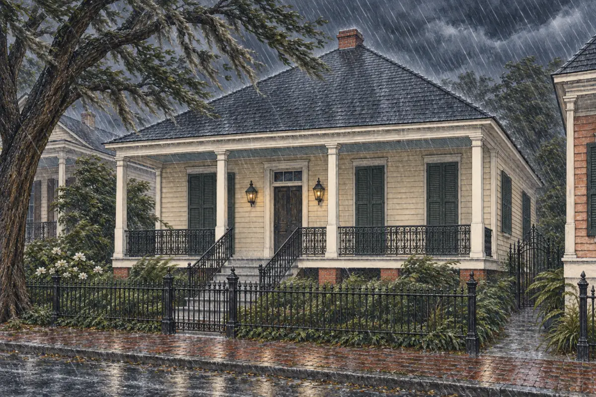 The same home in driving rain, with closed shutters, cleared porch and wind-blown trees